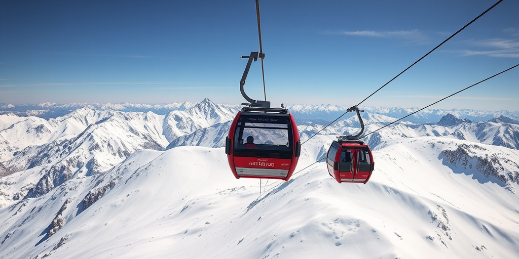 Capture a high-resolution image of a cable car traversing snowy mountains, using a DSLR camera with a 50mm lens, aperture set to f/8, ISO 200, shutter speed of 1/500s, from a high vantage point for a sweeping landscape view, natural lighting to enhance the clarity and detail.