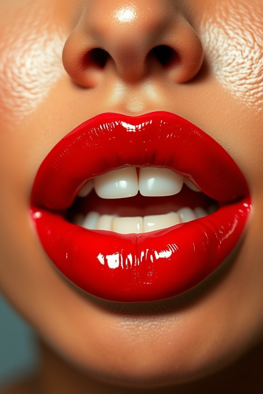 Vibrant cherry red lips with a glossy finish, showcasing plump and voluminous curves, reflecting light beautifully, exuding sensuality and confidence in a close-up portrait