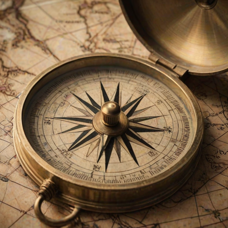 Sharp, detailed close-up of an antique compass resting on a weathered map, soft light reflecting off its brass surface, tiny details of the map's markings visible, and the feeling of adventure and exploration.