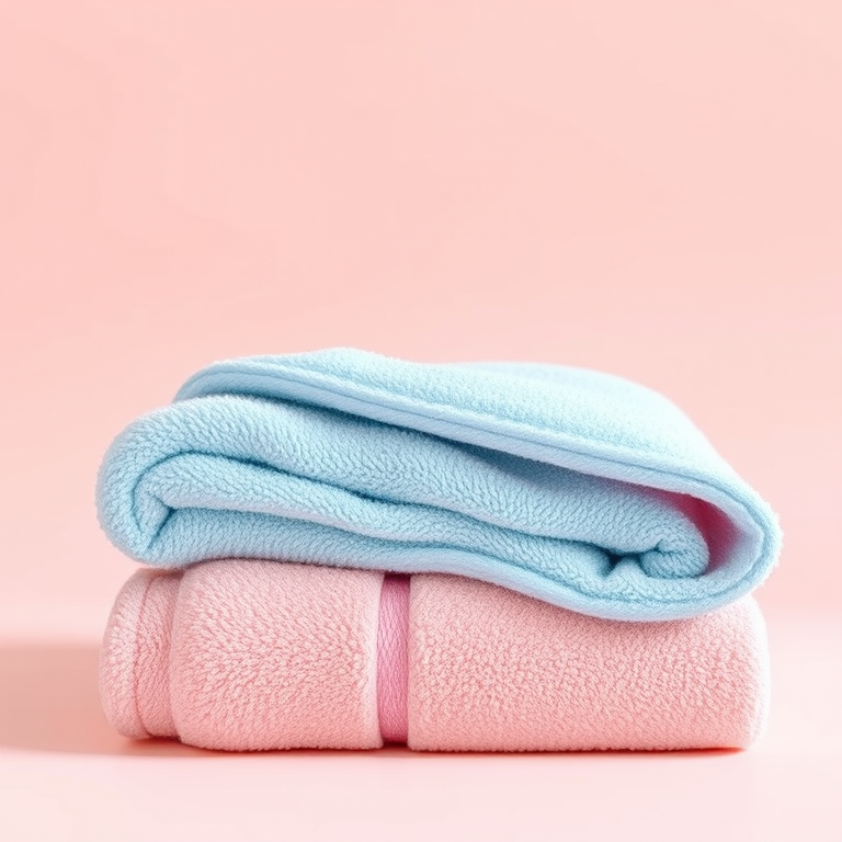Create a hyper-realistic digital illustration of two overlapping towels, one light blue and one soft pink, with detailed textures, soft lighting, and a smooth gradient background, shot with a DSLR camera at f/2.8, 50mm lens, ISO 100, in natural light for enhanced depth and vibrancy.