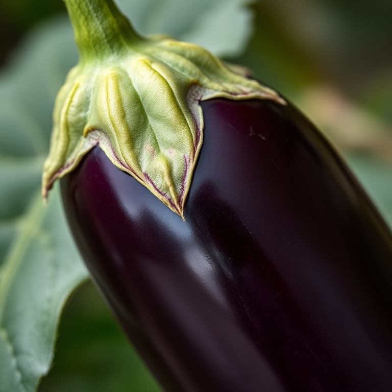 high-resolution close-up of a glossy eggplant with rich purple color and vibrant green leaf, minimal background blur, f/2.8 aperture, 50mm lens, soft natural lighting, DSLR camera