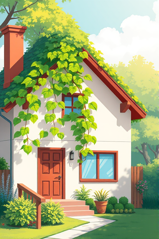 Create a vibrant illustration of a house with green leaves growing from the roof, using a high-resolution digital style, set in a bright, sunny environment with soft shadows, captured with a DSLR camera at f/8 aperture, 50mm lens, and with a shallow depth of field for enhanced focus on the house and foliage.