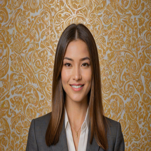 High quality passport photo of a woman with long straight hair (middle parted) wearing a suit and tie looking directly at the camera with a radiant smile. She is also wearing a delicate gold chain and some understated diamond earrings. In the background the wallpaper has the writing "SOY ANA" on it in bold white logo font