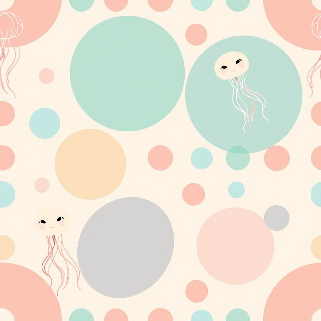 Generate a seamless pattern featuring abstract shapes like jellyfish and circles in pastel colors on a light background, using a Canon EOS 5D Mark IV with a 50mm lens at f/8, ISO 100, and a flat lay view to enhance image clarity and detail.
