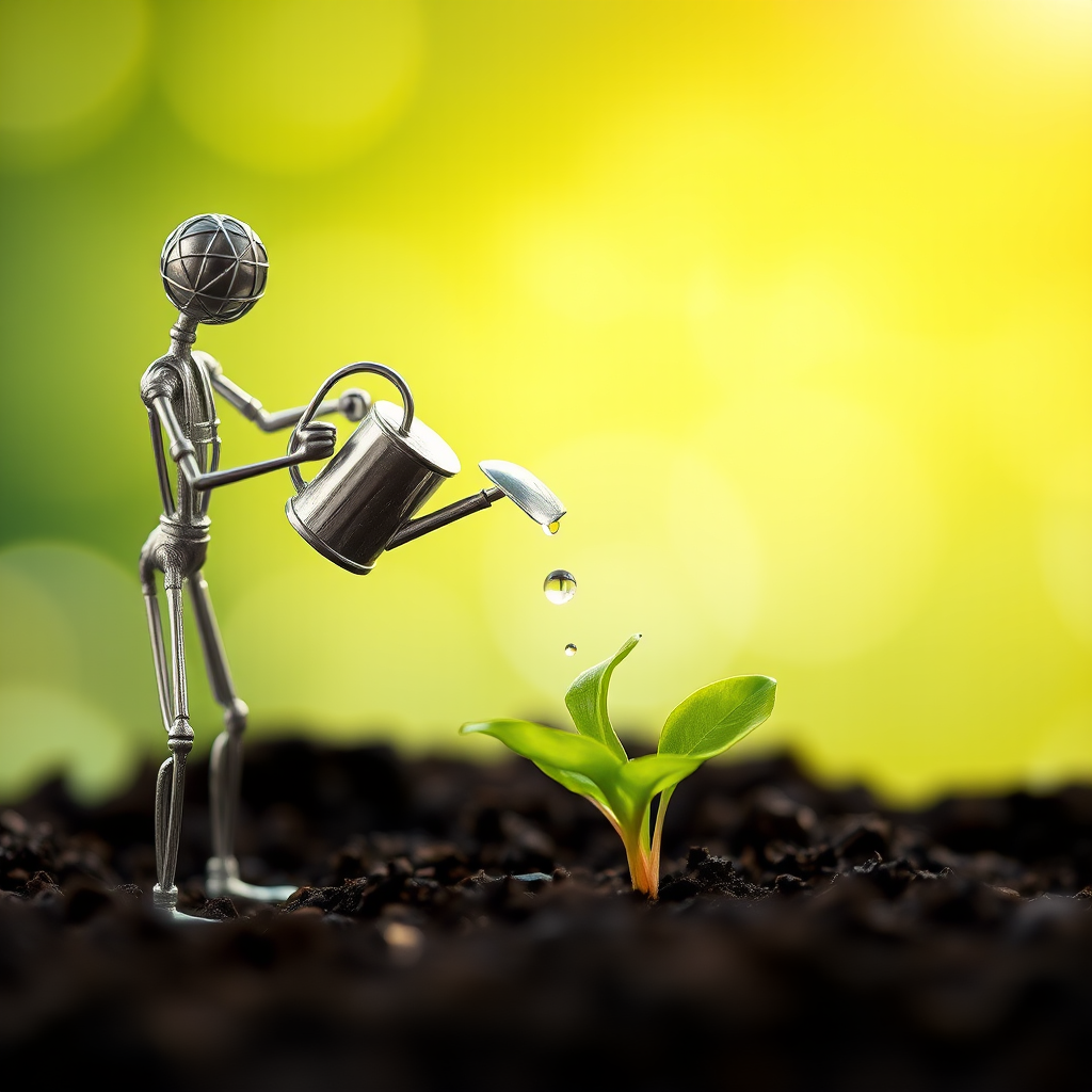 A metal figurine of a person, constructed from thin, silver rods, stands on the left side of the image, facing the viewer. The figurine is holding a small watering can and pouring water onto a young plant, with a few droplets in the air. The plant, with lush green leaves, is situated in the center, growing from dark soil. The background is a soft, out-of-focus blur of green, illuminated by warm, natural light.  The composition creates a sense of depth and intimacy. The image evokes feelings of growth, nurture, and hope.