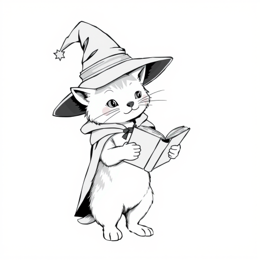 A grayscale illustration of a cat wearing a witch's hat and cloak. The cat is standing on its hind legs and is holding a spellbook in its paws and reading it intently. The hat is tall and pointed, with a wide brim and a pointed top. The cloak is draped over the cat's body, covering its body. The background is plain white, making the cat and the book the focal point of the image.