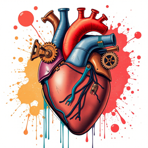 Create a detailed illustration of a stylized anatomical heart with mechanical elements, vibrant colors, and a splatter effect in the background, using a DSLR camera, 50mm lens, f/1.8 aperture, ISO 100, and natural lighting to enhance clarity and depth.
