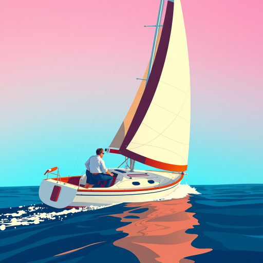 Create a vector-style illustration of a sailboat with two people on board, captured from a low angle view, using a digital camera with a 50mm lens, aperture f/2.8, ISO 100, and a vibrant color palette to enhance the clarity and detail of the sails and water.
