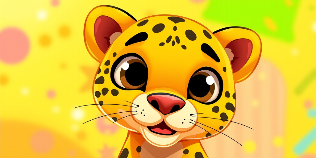 Create a vivid cartoon-style illustration of a friendly yellow leopard with large eyes and black spots, set against a bright, colorful background, using a digital camera with a 50mm lens, f/1.8 aperture, ISO 100, in high-resolution format.