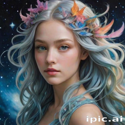 Create a series of imaginative portraits where each subject is infused with elements of fantasy and nature. The hair of the individuals should flow like clouds, varying from soft, fluffy cumulus to wispy cirrus strands, with hints of color reflecting a sunset or a clear blue sky. The eyes should be windows to entire galaxies, with stars, nebulae, and distant planets visible within them. Clothing should be adorned with nature motifs, such as floral patterns that bloom and change, vines that seem to grow and wrap around, or feathers that shimmer with iridescence. Each portrait should capture a unique personality, blending human features with the ethereal beauty of the natural and cosmic world. The backgrounds can vary, from starry night skies to enchanted forests, adding depth and context to the magical realism of the portraits
