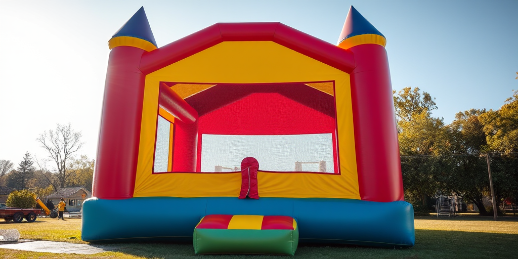 Capture a vibrant and colorful inflatable bounce house in a bright outdoor setting, using a DSLR camera with a 50mm lens, aperture set to f/2.8 for a shallow depth of field, ISO 100 for high image quality, and a shutter speed of 1/250s to freeze motion, in a soft natural light for enhanced clarity and contrast.