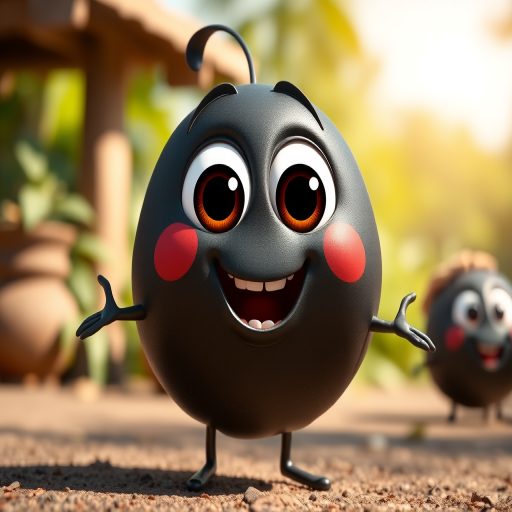 Create a high-resolution cartoon image of a playful black bean character with large expressive eyes and an open, cheerful posture, shot with a DSLR camera at f/2.8, ISO 100, 50mm lens, in bright daylight to enhance colors and details.