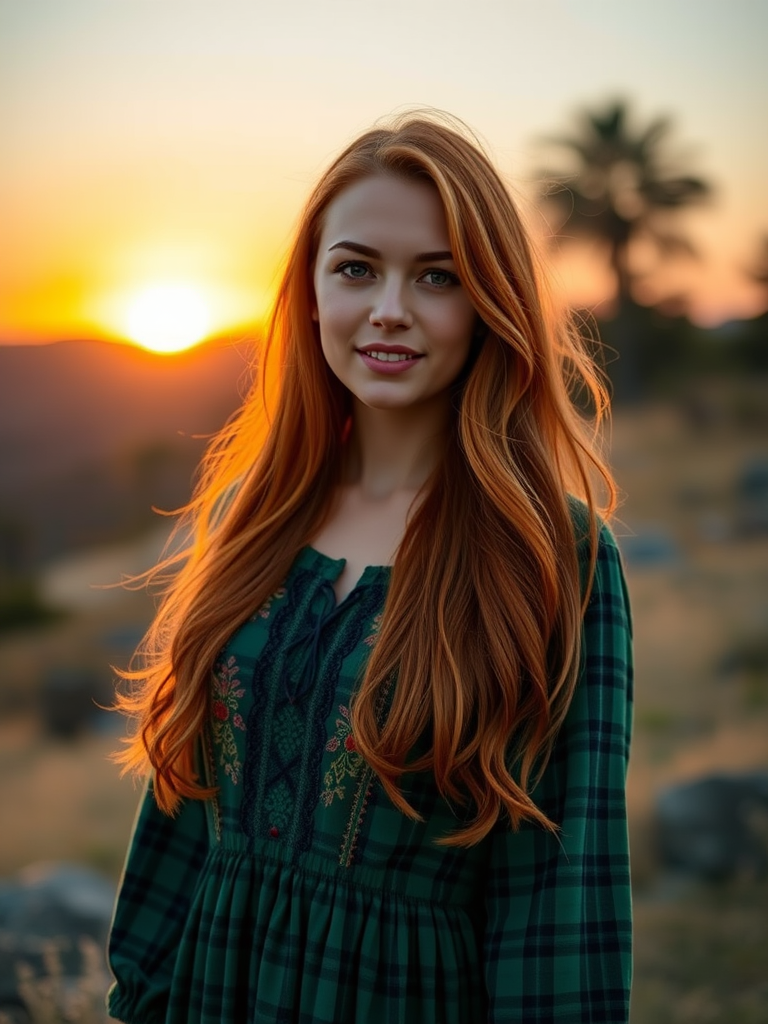 Portrait of a woman with long red hair wearing a green plaid dress with embroidery, standing in a scenic landscape at sunset, Canon EOS R5 camera, 50mm lens, f/1.8 aperture, ISO 100, natural lighting, shallow depth of field.