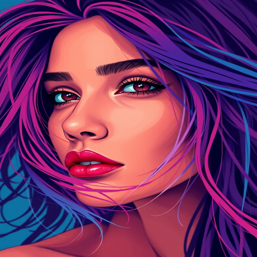 Create a high-resolution digital illustration of a woman with flowing hair, using vibrant colors and bold outlines, captured in a portrait orientation with a Canon EOS R5 camera, aperture set to f/2.8 for a shallow depth of field, 50mm lens for a close-up view, and enhanced with soft lighting to emphasize facial features and hair texture.