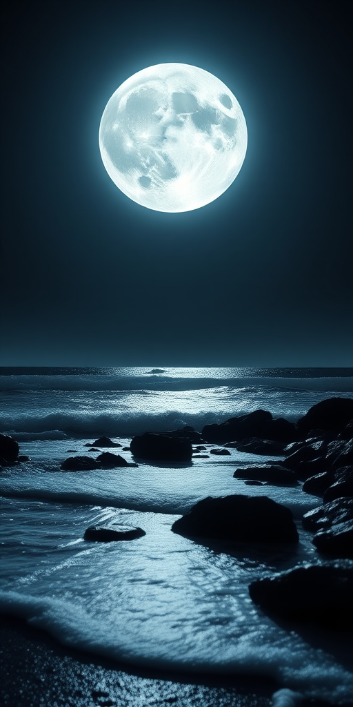 regenerate a serene night seascape with a large, luminous full moon illuminating a rocky shore and gentle waves, captured with a DSLR camera at f/8 aperture, ISO 200, 30-second exposure, shot from a low angle wide shot perspective to enhance depth and detail in the scene
