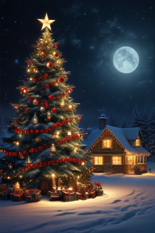 A Cozy Winter Night Scene Featuring a Beautifully Decorated Christmas Tree