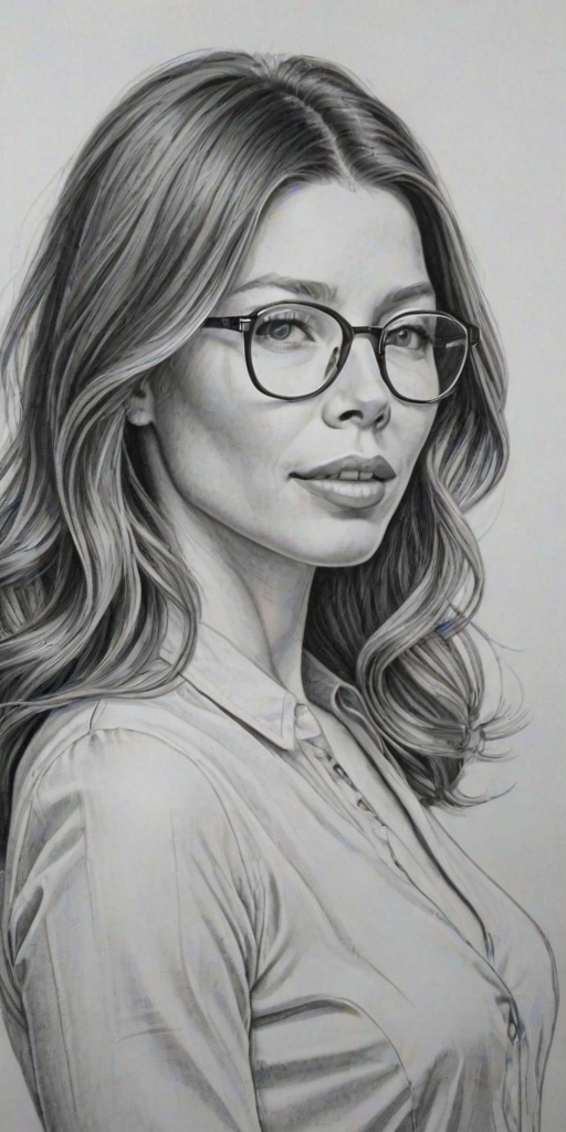 Bewitching Jessica Biel, pencil sketch, portrait of Dazzling woman 1961s in glasses, hair style beatnik, outline, clear lines, fine lines, 8k