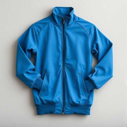 photograph of a blue zip-up jacket displayed on a neutral background, taken with a DSLR camera at f/8, ISO 100, 1/125s, shot from a slight angle at eye level to emphasize texture and detail, use soft diffused lighting to enhance fabric quality and color vibrancy