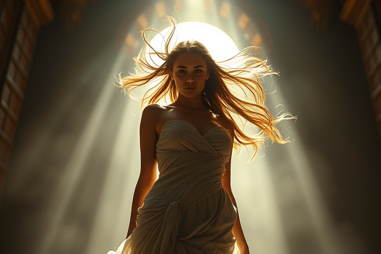 Capture a dynamic portrait of a female figure in an ethereal setting with soft lighting, using a 50mm lens at f/1.8 aperture, ISO 200, at a focus distance of 1 meter, shot from a low angle to emphasize height and grandeur, with a DSLR camera for crisp details and vibrant colors.