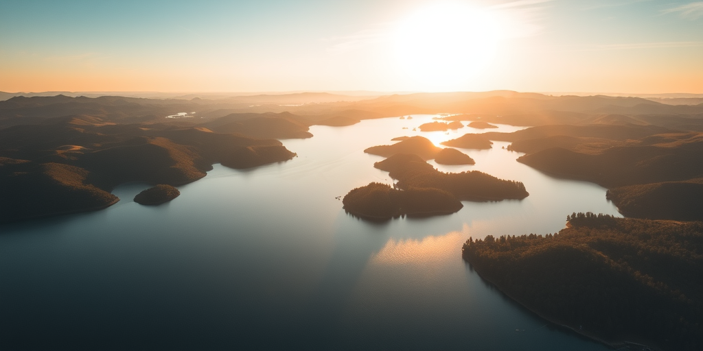 Aerial view of a serene lake surrounded by rolling hills and islands, taken during golden hour, DSLR camera with a 24mm lens, f/7.1, ISO 200, 1/125 sec, high dynamic range, wide angle shot, vibrant colors and sharp details.