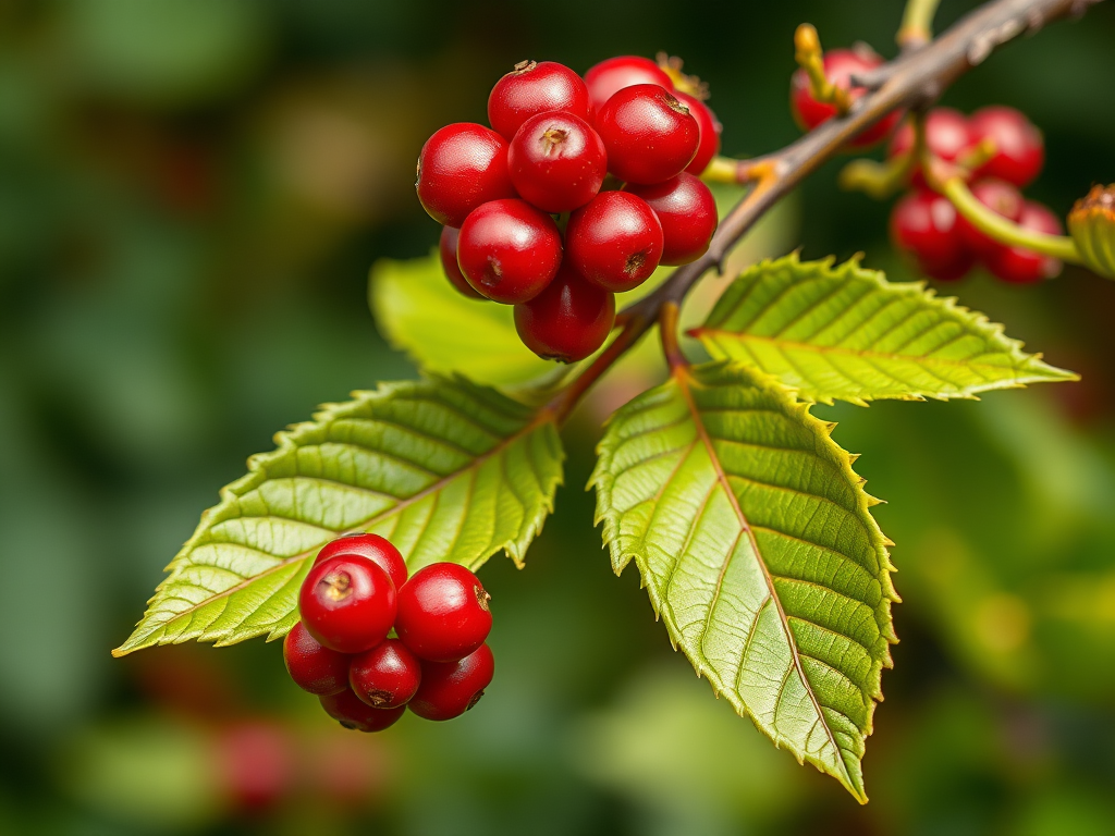 high-resolution botanical illustration of a berry branch with detailed leaves, macro lens, aperture f/2.8, ISO 100, natural light, DSLR camera, shallow depth of field