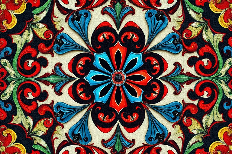 Create a high-resolution image of a decorative pattern featuring intricate swirls and floral elements in rich reds, blues, and greens, captured with a Canon EOS R5 at f/8, ISO 100, 50mm lens, natural light, top-down view, macro photography style for enhanced detail and texture.