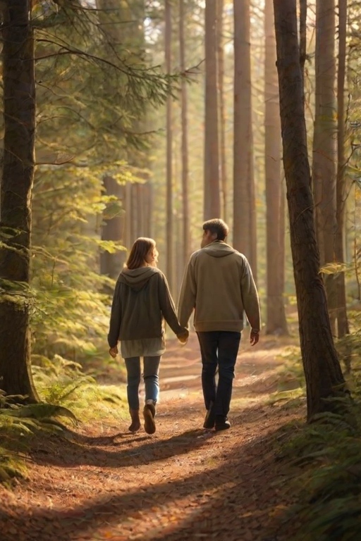 Warm, softly lit image of a couple walking hand-in-hand through a quiet forest, sunlight filtering through the trees, soft crunch of leaves underfoot, a sense of peace and tranquility in the air, distant birds chirping in the background.