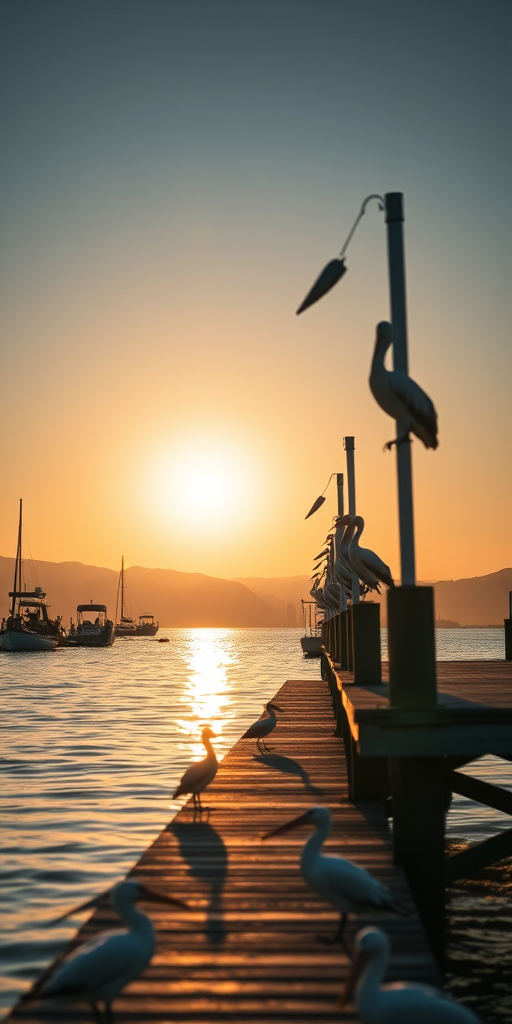 Capture a scenic view of a dock with pelicans perched on the posts and birds in the foreground, using a Canon EOS R5 with a 24-70mm f/2.8 lens set to f/5.6, ISO 100, shutter speed 1/200s, taken from a low angle perspective to emphasize the water and mountains in the background during golden hour for enhanced lighting.