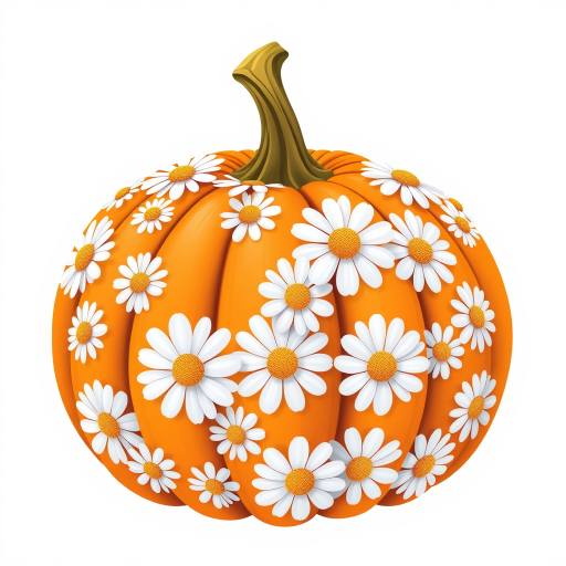a whimsical orange pumpkin with white daises pattern covering the pumpkin. Solid white background sublimation vector 3000dpi 32k