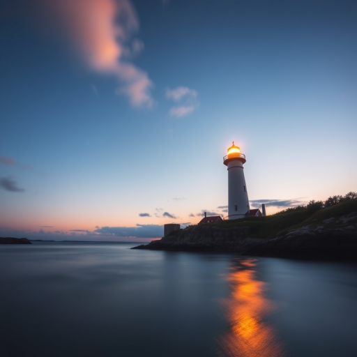 Generate a high-quality image of a lighthouse at dusk with a clear sky and soft clouds, using a full-frame DSLR camera set to ISO 100, aperture f/8, shutter speed 30 seconds, wide-angle lens, and a low-angle view to capture the reflection on the water.