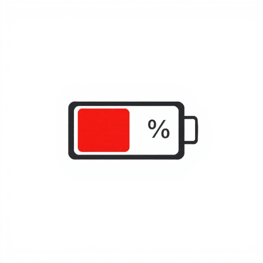 A simple illustration of a battery icon showing 1 percent charge with a red section indicating low battery on a plain white background.