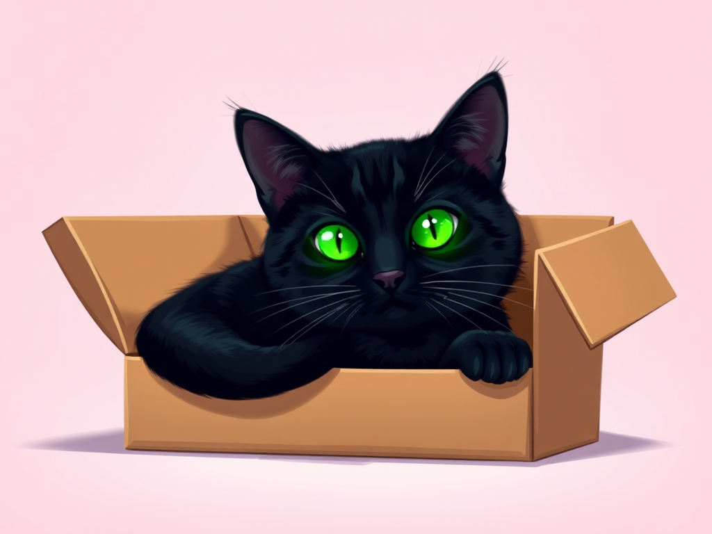 Create a digital illustration of a black cat lounging in a cardboard box with glowing green eyes, using a bright pastel background, captured with a 50mm lens at f/2.8, ISO 100, 1/200s, in a studio lighting setup to enhance clarity and color vibrancy.