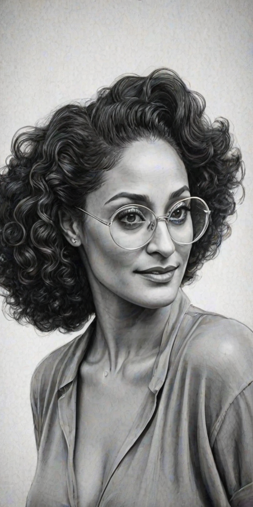 Attractive Tracee Ellis Ross, pencil sketch, portrait of Ravishing woman 1943s in glasses, hair style beatnik, outline, clear lines, fine lines, 8k