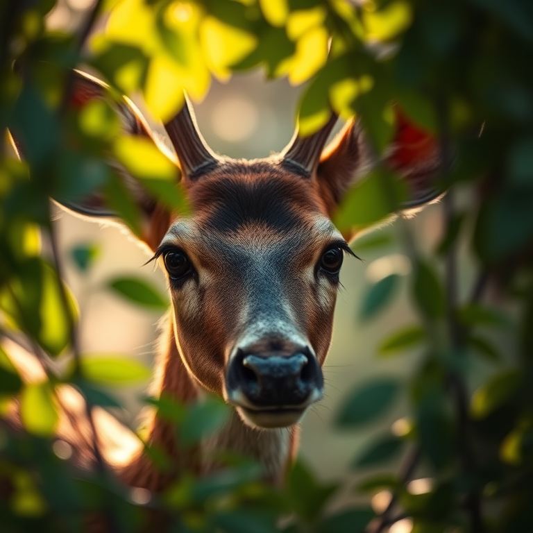Capture a close-up of a deer partially hidden by foliage, with soft dappled sunlight filtering through leaves, using a DSLR camera with a 50mm lens at f/2.8, ISO 200, and a shallow depth of field to create a blurred background.