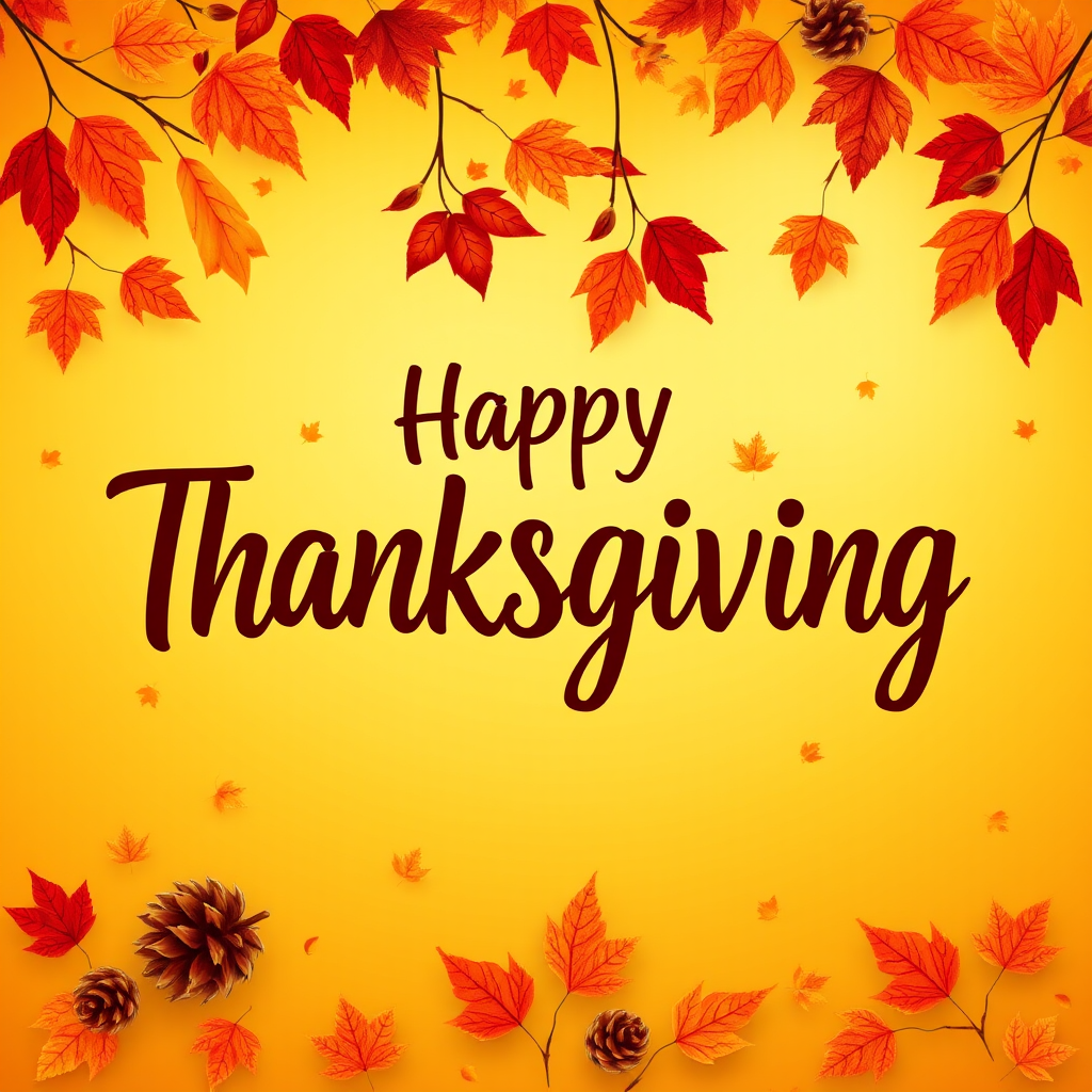 Create a warm and festive autumn-themed image with a gradient background of orange and yellow hues. Include a variety of falling leaves in shades of red, orange, and brown. In the center, display the text "Happy Thanksgiving" in a stylish and inviting font, using a dark brown color for contrast. Add subtle decorative elements like pine cones and additional leaves for a cozy, seasonal feel.