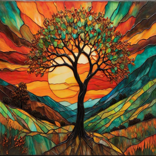 A vibrant abstract painting on Tiffany Glass, blending acrylic and alcohol ink techniques, captures a dramatic sunset over rolling hills. The artwork features a textured, rocky foreground in green and brown, layered abstract hills, and a striking sunset in rich oranges, yellows, and reds. A solitary black tree with intricate branches contrasts against the fiery sky, creating a dynamic and expressive portrayal of a breathtaking natural scene.