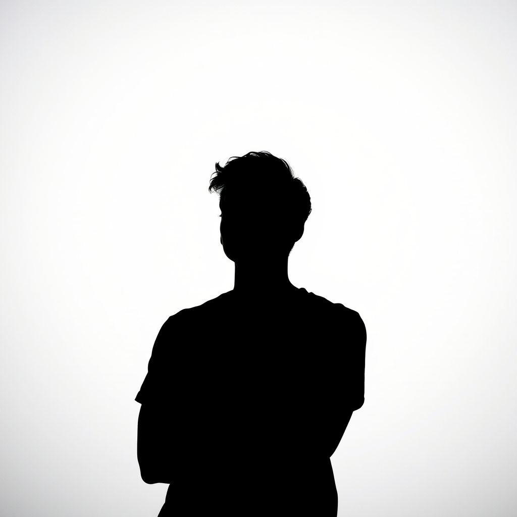 Create a high-contrast silhouette of a person in deep thought with a plain white background, using a Canon EOS R camera, 50mm lens, aperture f/2.8, ISO 100, and a soft diffused lighting setup.