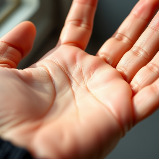 A close-up of an open hand with visible skin texture, shallow depth of field, natural lighting, taken with a DSLR camera at f/2.8, ISO 100, 50mm lens, high resolution.