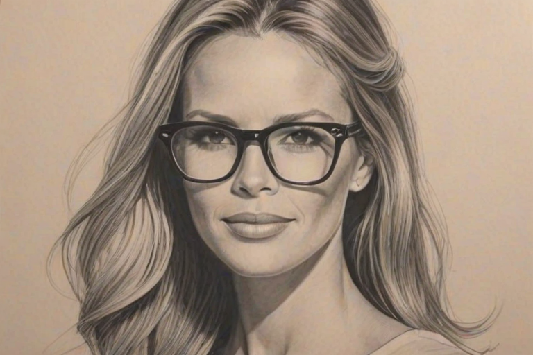 Comely Elle Macpherson, pencil sketch, portrait of Radiant woman 1955s in glasses, hair style beatnik, outline, clear lines, fine lines, 8k