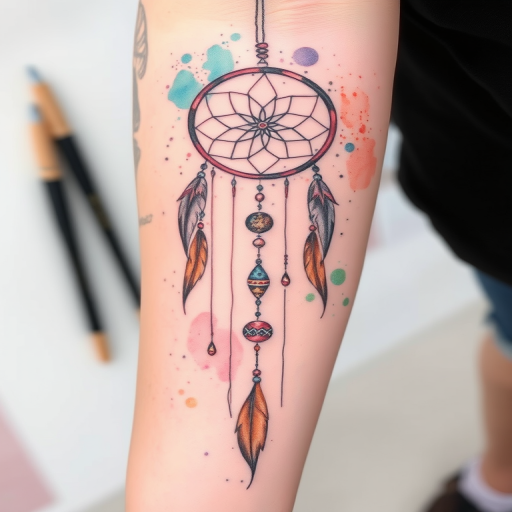 Watercolor sketch tattoo called "Ephemeral Dreams" featuring a dreamcatcher with flowing feathers and delicate beads, rendered in a loose and expressive style with soft washes of pastel colors blending seamlessly into each other, incorporating subtle splatters and drips to enhance the ethereal quality of the design, accented by fine line work to define key details, ideal for those drawn to artistic and whimsical tattoo styles that evoke a sense of magic and wonder