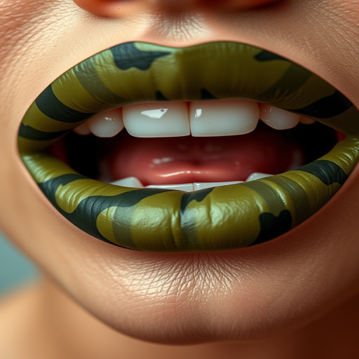 Olive green lips with camouflage-inspired patterns, named "Urban Jungle," offer a unique and edgy appearance with a satin finish for streetwear fashion shoots and urban exploration