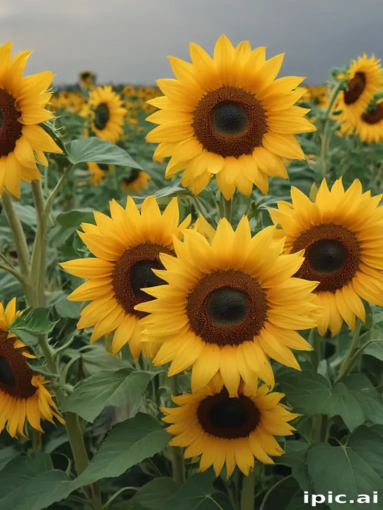 A Field of Vibrant Sunflowers Under a Dramatic Cloudy Sky.