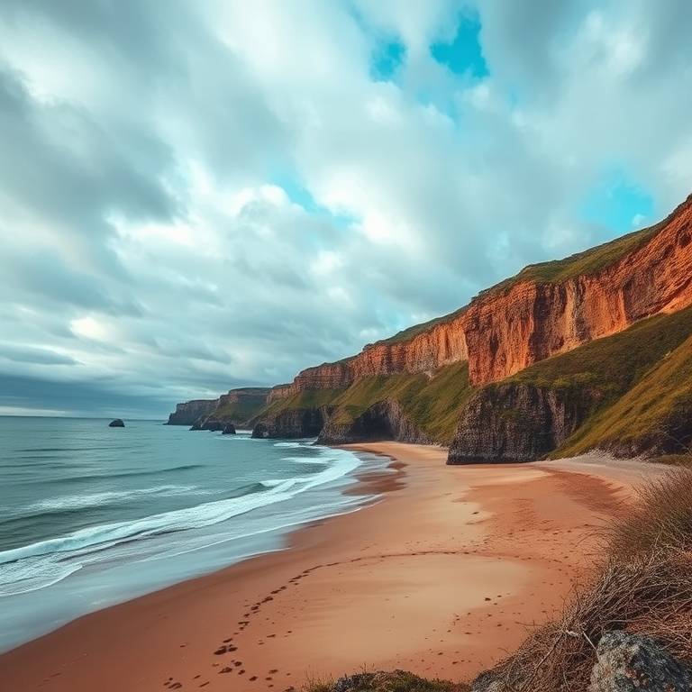 beach coastline with dramatic cliffs under a cloudy sky, capture using a DSLR camera at f/8 aperture, 1/200 sec shutter speed, ISO 100, wide-angle lens, low perspective view, enhance colors and contrast for a vibrant look