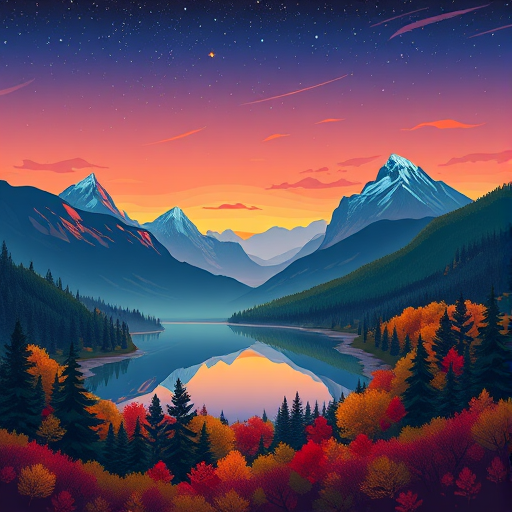 Create a vibrant digital illustration of a serene landscape at dusk featuring stylized mountains, lush forests with autumn foliage, a calm lake in the foreground reflecting the colors of the sky, with a starry night above, using a Canon EOS R5 with 24-70mm f/2.8 lens, aperture f/8, ISO 100, and a wide-angle view to capture the entire scene in high resolution.