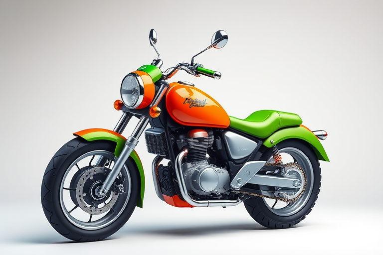 Create a vibrant and detailed illustration of a cartoon-style motorcycle with an orange body, green accents, and chrome details, using a DSLR camera with a 50mm lens at f/2.8, in a studio setting with soft lighting and a slight top-down angle for enhanced depth and clarity.
