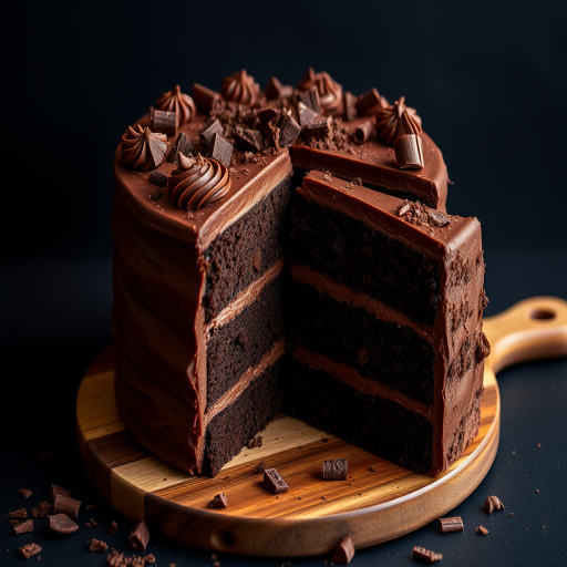 A three-layer chocolate cake with rich chocolate frosting and chocolate shavings on top, sliced to reveal its moist interior, placed on a wooden board with some chocolate shavings scattered around, against a dark background.
