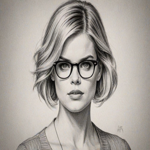 Gorgeous Alice Eve, pencil sketch, portrait of Pleasing woman 1921s in glasses, hair style beatnik, outline, clear lines, fine lines, 8k
