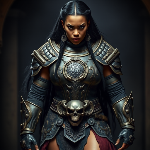 Create a photo of a fierce Yoruba female warrior with long black hair, wearing an ornate, metallic armor. The armor includes a breastplate with intricate designs, shoulder guards, and gauntlets. The breastplate is decorated with a central emblem, possibly representing a mythical symbol, and has a sculpted, form-fitting design. She wears a belt with a large skull ornament at the center, and her armor extends into a partial skirt, revealing one leg. The overall look is both protective and stylish, with a dark, gothic aesthetic. The background is dimly lit, suggesting a medieval or fantasy setting, enhancing the warrior's imposing presence and intense expression.