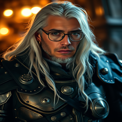 steampunk man with long white hair and glasses wearing intricate metallic armor, warm lighting, depth of field, 50mm lens, f/1.8, ISO 200, soft focus in the background, portrait orientation, captured with a DSLR camera