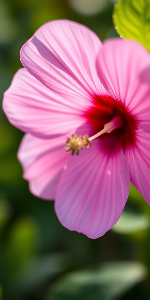 close-up of a pink flower with red center and green background, natural light, aperture f/2.8, ISO 100, shutter speed 1/200s, macro lens, shot from a low angle